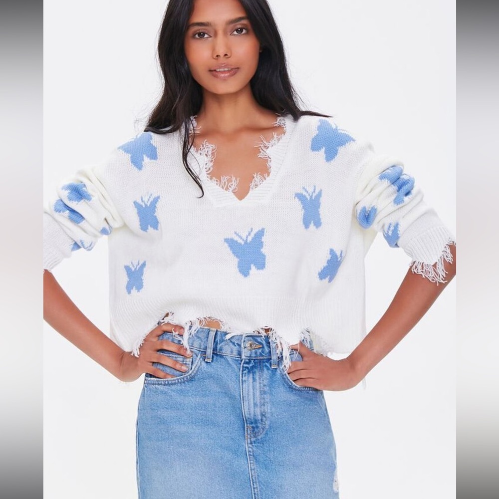 Butterfly Frayed Sharkbite Sweater(Lavender-white)